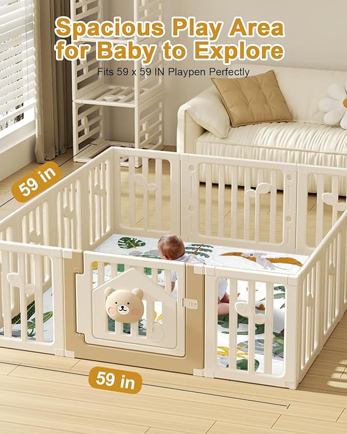 TINYHARBO Premium Foam Baby Play Mat 59x59 – Removable & Machine Washable Cover, Extra Thick Padding Playpen Mat, Non-Slip Crawling Mat, Easy to Clean for Infants, Toddlers & Babies