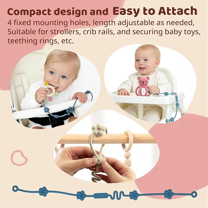 3Pcs Baby Silicone Teether Toy Set - Food-Grade Silicone Teething Relief Toys,Wooden Ring Teether Cute Bear Toy and Toy Straps for Babies 3-12 Months(Pink)