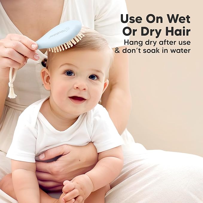 Baby Hair Brush Set for Newborns - Soft Goat Bristle Wooden Baby Brush and Comb Set Newborn Grooming Kit for Cradle Cap, Durable & Gentle, Boy, Girl Infant Essentials Care Kit (Regular, Frost)