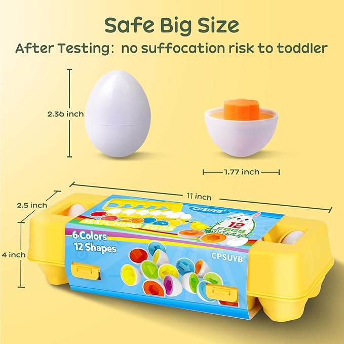 CPSYUB Matching Egg Toy 12 PCS for Toddlers Ages 1-3 Kids, Easter Eggs Shape & Color Recognition with Carton, Montessori Sensory Sorter Toddler Toys for Travel Play, Gifts for Year Old Baby (Yellow)