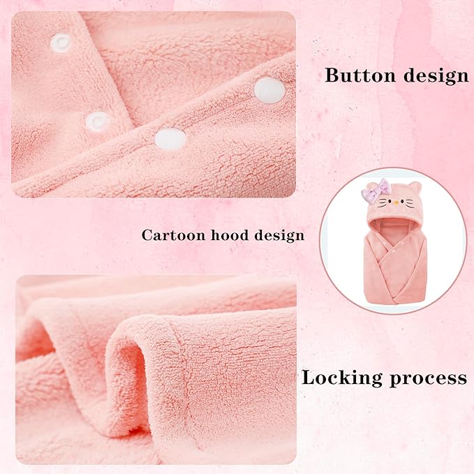 Toddler Baby Bath Towel with Hood 27.5"X55" Ultra Absorbent Soft Cozy Comfort Bathrobe Blanket, 0-6 Years Infant Shower Towel for Girls(Pink Cat)