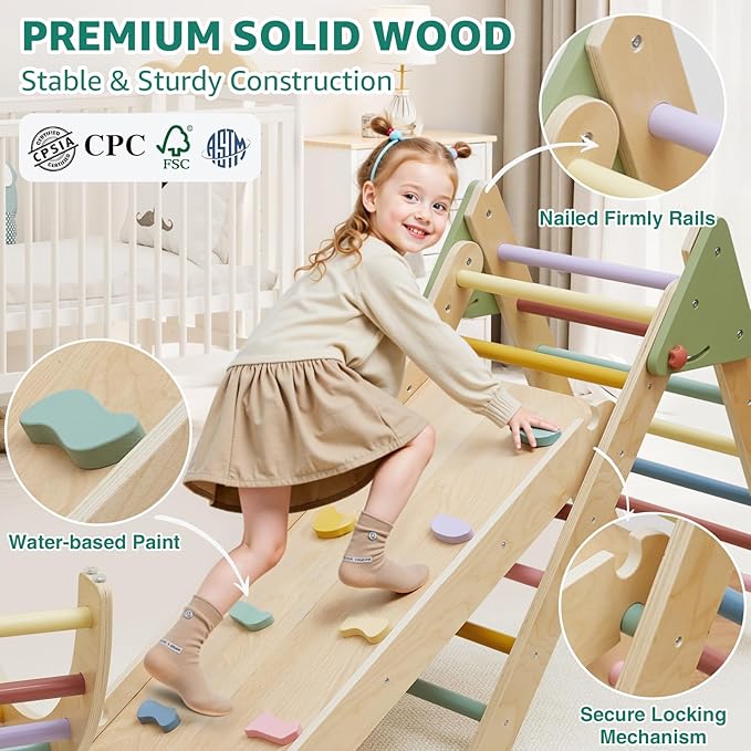 3in1 Pikler Triangle Set, Pikler Triangle Climbing Toys Set for Toddlers, Wooden Toddler Climbing Toys Indoor Playground, Foldable Montessori Climbing Set with Arch&Ramp&Ladder, Jungle Gym for Kids