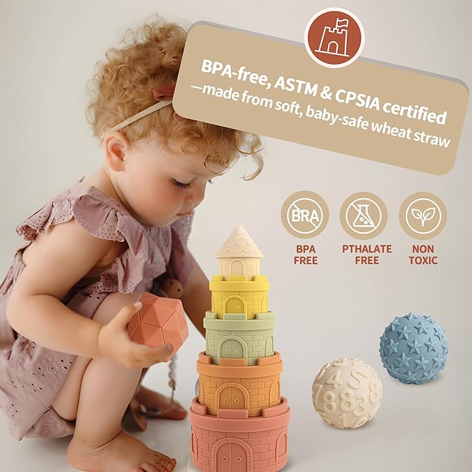 Baby Stacking Cups & Sensory Ball Set, Textured Sensory Toys for Babies, Soft Castle Nesting Blocks, Newborn Teether & Bath Toys 6-12 Months, 8 PCS Montessori Learning Gifts for Toddlers 1-3