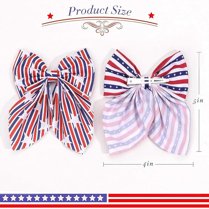 4th of July Hair Bows for Girls, Large Patriotic Fable Bow Handmade American Flag Hair Clips Independence Day Hair Accessories for Little Girls Toddlers Kids (Pattern A)