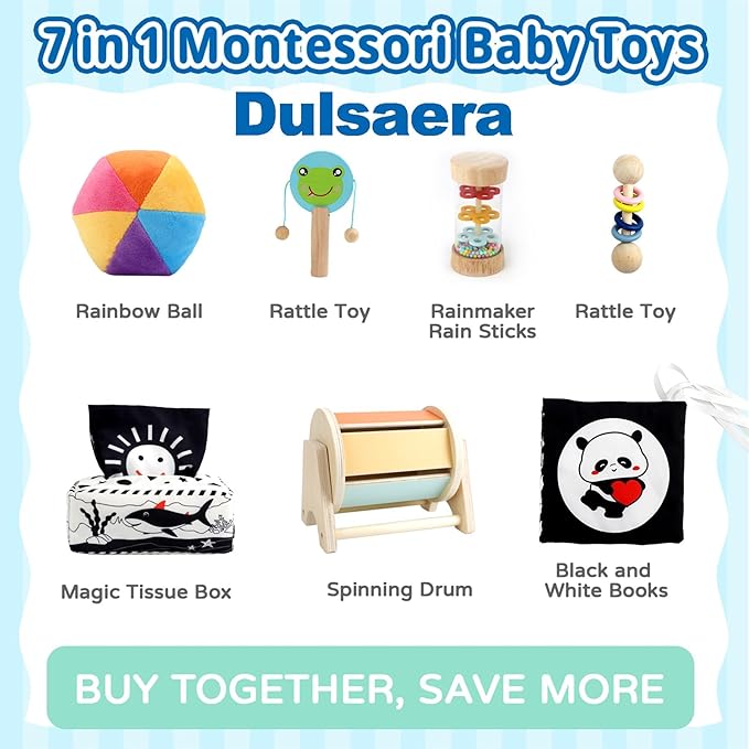 Dulsaera Montessori Toys 7 in 1 Learning Educational Set Newborn Toys, Rainbow Ball, Baby Black and White Books, Tissue Box Toy, Spinning Drum, Rattle Toy