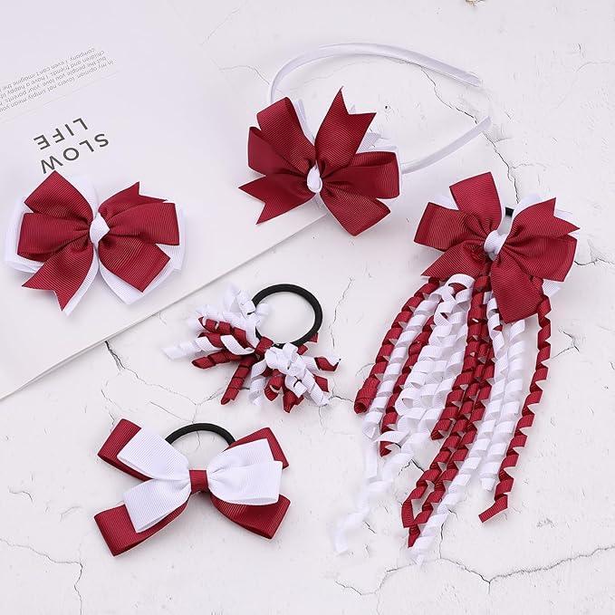 School Hair Accessories Set 14 Pcs Uniform Hair Bow Headband Clips Hair Ties Curly Korker Bows for Little Toddler School Girls (Burgundy&White)