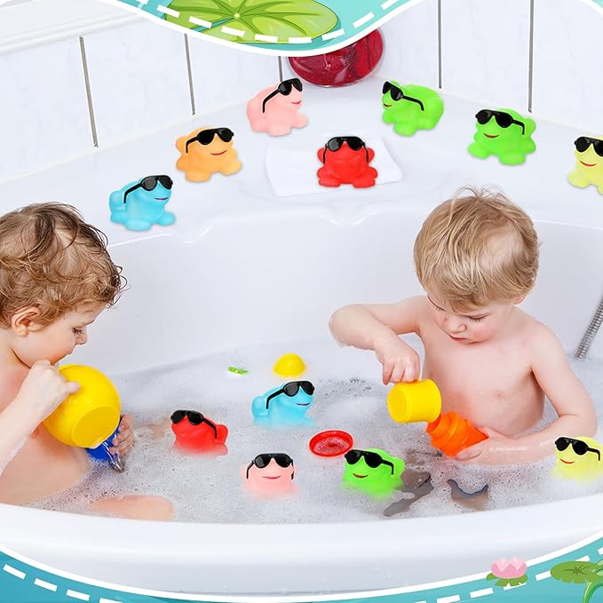 Halloscume 24 Pack Glow in The Dark Rubber Frogs Bulk Luminous Colorful Miniature Frogs with Sunglasses Mini Squeak and Floating Bath Toy Swimming Bathtub Toy for Valentine's Gift Birthday Party Favor
