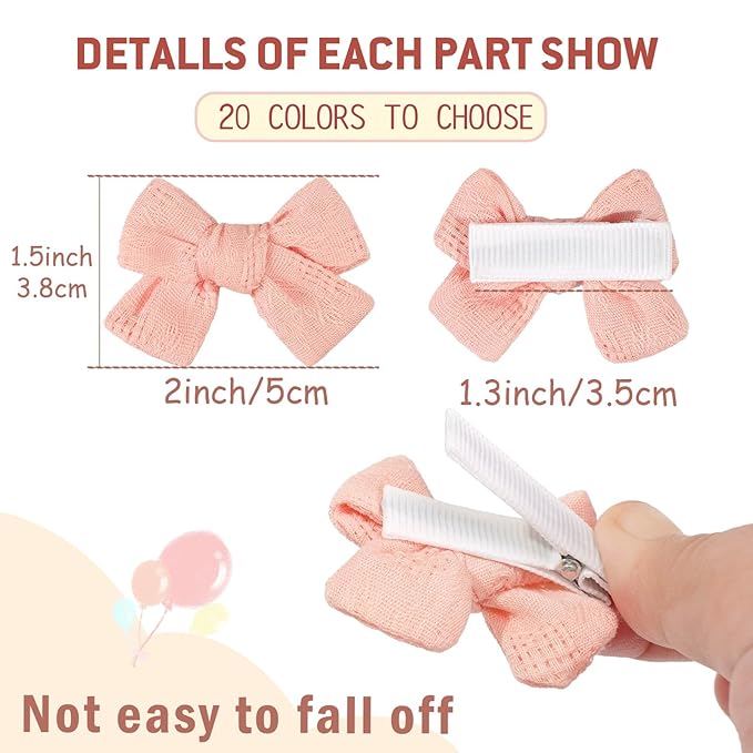 CÉLLOT 40 Pieces 2inch Girls Hair Bows Linen Fabric Bows Alligator Clips Hair Accessories for Baby Toddlers and Infants（20 Pairs Mini Bow）