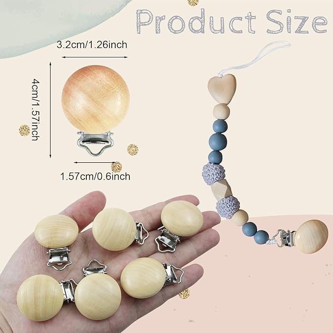 16 Pieces Wood Pacifier Clips Teething Grasping Toy Suspender Clips Natural Beech Wood Pacifier Clip Holder Charm DIY Pacifier Clips Chain Accessories