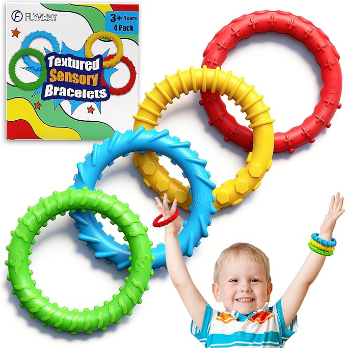 Flyaway Fidget Bracelet for Kids 4 Pack, Chew Bracelet for Sensory Kids Toddler with Autism ADHD Anxiety Texture Silicone, Oral Motor Aids Sensory Chew Toys for Children Adults Chewing Fidgeting