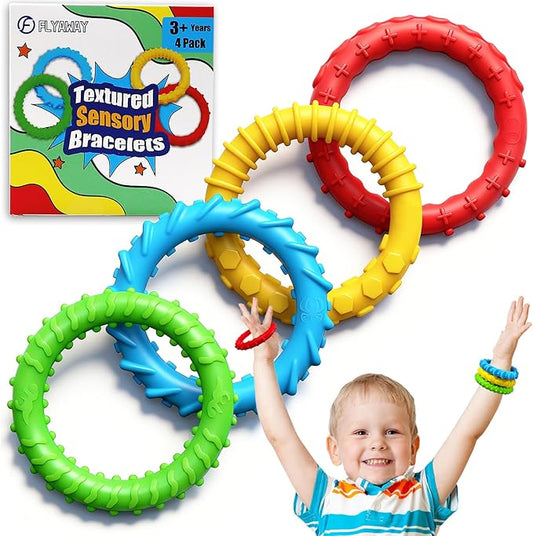 Flyaway Fidget Bracelet for Kids 4 Pack, Chew Bracelet for Sensory Kids Toddler with Autism ADHD Anxiety Texture Silicone, Oral Motor Aids Sensory Chew Toys for Children Adults Chewing Fidgeting