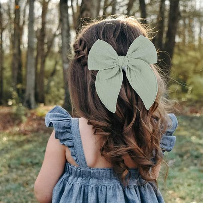 5.5 Inch Light Green Fable Hair Bow: Handmade Linen Cotton Hair Clip for Girls - 1 PCS