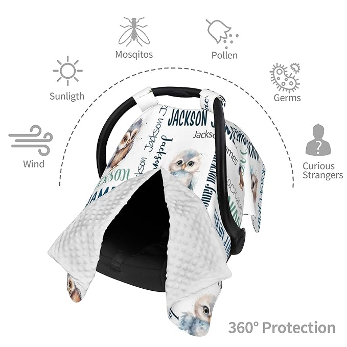 Personalized Baby Car Seat Cover Winter Custom Minky Carseat Cover Boy Girls with Name Owl Carseat Canopy Customized Car Seat Canopy Infant Carrier Covers Nursing Cover Toddler Blanket
