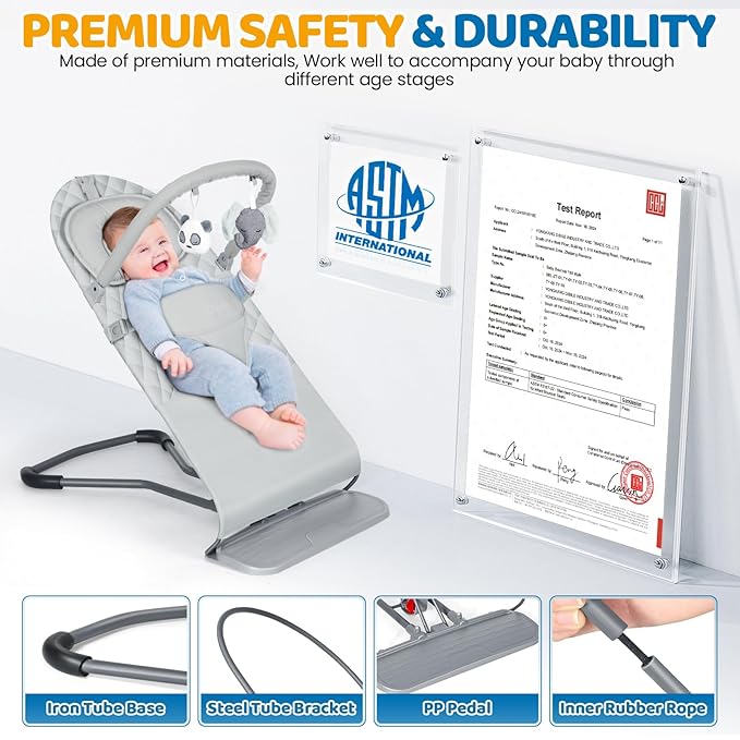 Orzbow Portable Baby Bouncer, Foldable Baby Bouncer Seat with Storage Bag and Removable Play Bar, 3 Recline Positions, 0-12 Months Up to 20lbs, Ergonomic Design, Easy to Wash, Grey
