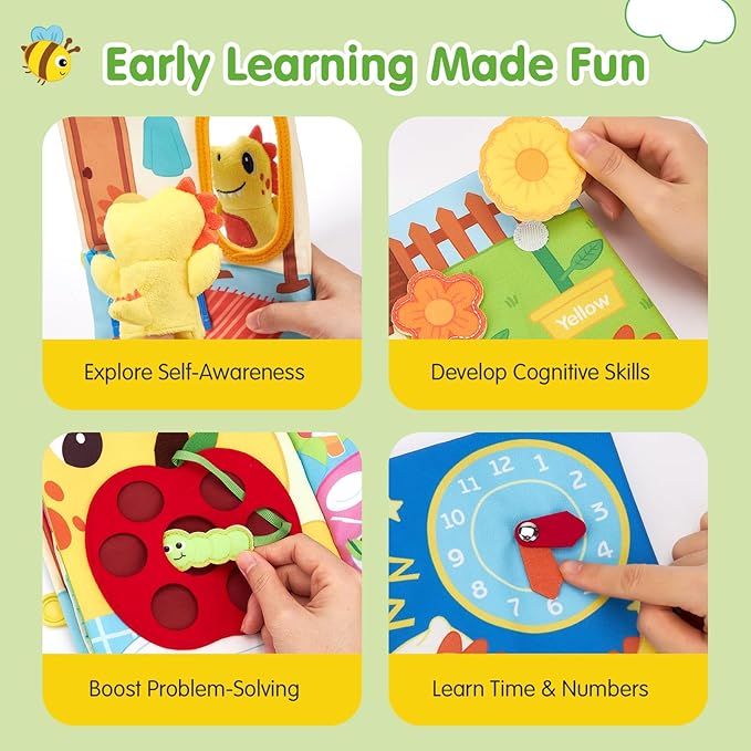 hahaland Busy Book for Toddlers 1-3 - Montessori Toys for 1 Year Old Boy Gifts, Sensory Toys, Dinosaur Soft Fabric Activity Book for Fine Motor Skills, Educational Learning Travel Baby Toys 1 Year Old