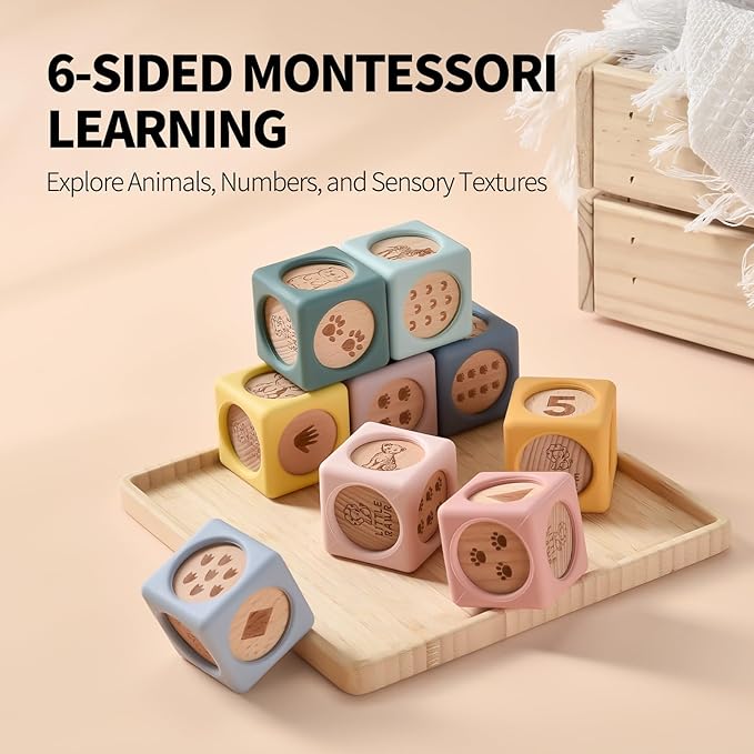 Little Rawr 9 Pcs Baby Silicone & Wooden Stacking Blocks, Food-Grade Silicone Baby Toy with Natural Wood Inserts, Soft Chewable Montessori Blocks for Toddlers, Animal Learning Toy