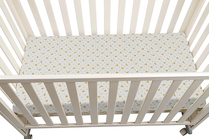 Onacosht Muslin Mini Crib Sheets, 39" x 27" Pack and Play Mattress Sheets Fitted for Pack N Play, Soft Cotton for Boys Girls, 2 Pack, Beige and Yellow Floral