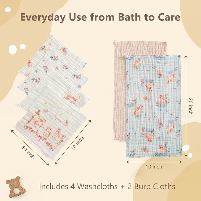 6-Pack Baby Washcloths & Long Towels, 100% Cotton Muslin Face Towels for Baby & Mom, Ultra-Soft Newborn Essentials with Gift Box, for Boys & Girls (Magical Unicorn Fairy Series)