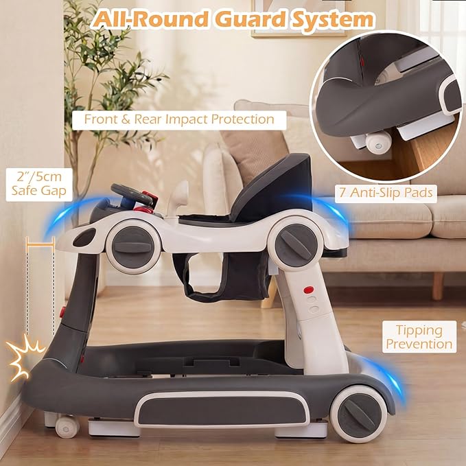 INFANS 6-in-1 Foldable Baby Walker, Converts Push Car to Bouncer, Rocker with Music, Lights, Adjustable Height & Speed, Activity Center, Canopy for 7-18 Months (Gray White)