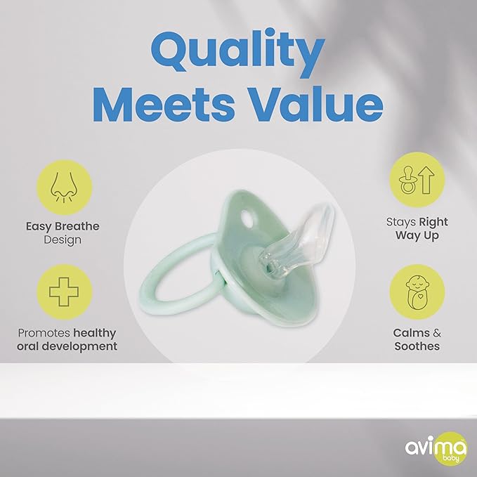 Avima Orthodontic Pacifiers 0-6 Months – BPA-Free Silicone Baby Pacifiers for Newborns & Breastfed Babies, Soothing Baby Binky w/Soft Nipple Design (4-Pack, Green & Grey)