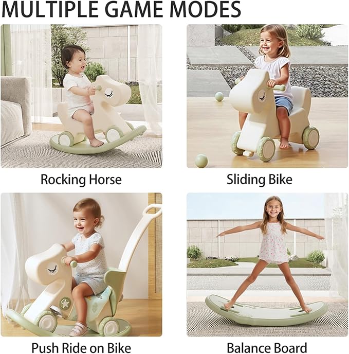 4-in-1 Rocking Horse Toy for Toddlers 1-3 | Plastic Push Walker with Balance Board & Wheels, Ride-On Rocker Gift for 1 Year Old Boys Girls(Green)