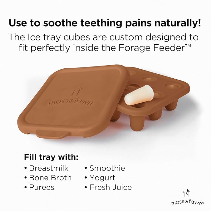 Moss and Fawn Little Explorer Kit - Silicone Frozen Breast Milk Popsicle Kit with Forage Feeder, Teething Popsicle Ice Cube Tray, & Gather & Roll Baby Feeding Bib - BPA, PVC, & Lead-Free - Foliage