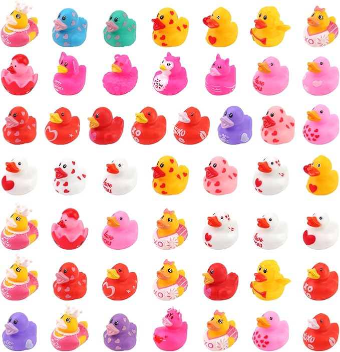 50 Pcs Rubber Duck, Valentines Ducks for Jeeps Ducking, Random Assortment Mini Rubber Duckie Toys for Kids Baby Bath Shower Toys Cute Heart Ducks for Party Favors Classroom