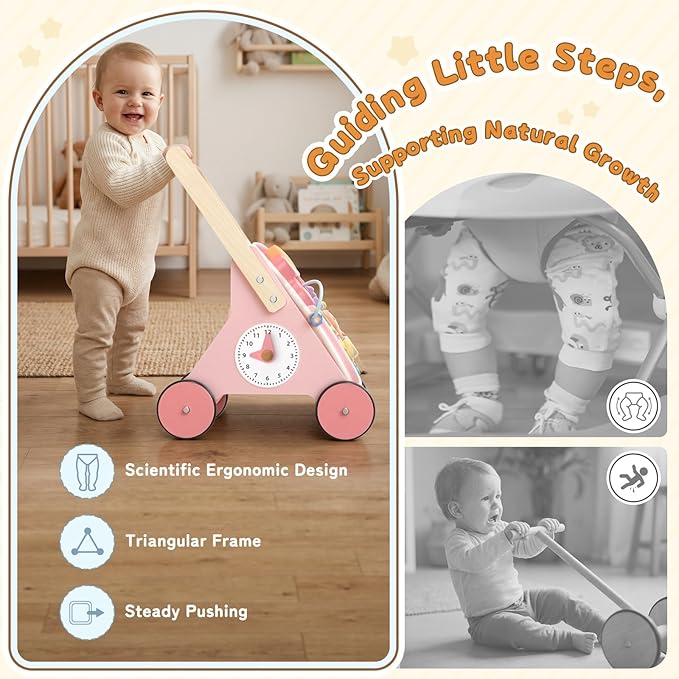 Wiqins Wooden Baby Push Walker, 10-in-1 Baby Walker Toys with Wheels for Toddlers 18 Months, Detachable Montessori Activity Board Toy & Storage for 1 Year Old Boys Girls Learning to Walk