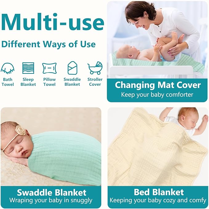 PHF 2 Pack Baby Hooded Towels, 100% Muslin Cotton Baby Bath Towel with Hood for Newborn, Infant, Toddler, Ultra Soft and Absorbent Baby Essentials Bath Towels for Boys Girls, 32x32Inch, Beige & Green