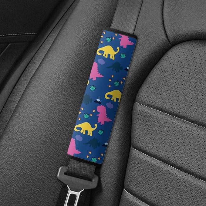 ENLACHIC Baby Car Seat Belt Cover, Cute Dinosaur Print Car Seat Shoulder Strap Pads, Infant Car Seat Cushion Safety Seatbelt Protector for Kids Boys Girls,Pink Yellow Dinosaurs