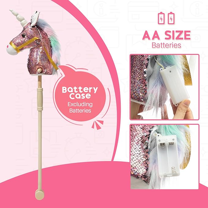 HollyHOME Sequin Unicorn Stick Horse Handcrafted Hobby Horse on a Stick with Wood Wheels Real Pony Neighing and Galloping Sounds Plush Unicorn Toy Pink 36 Inches(AA Batteries Required)