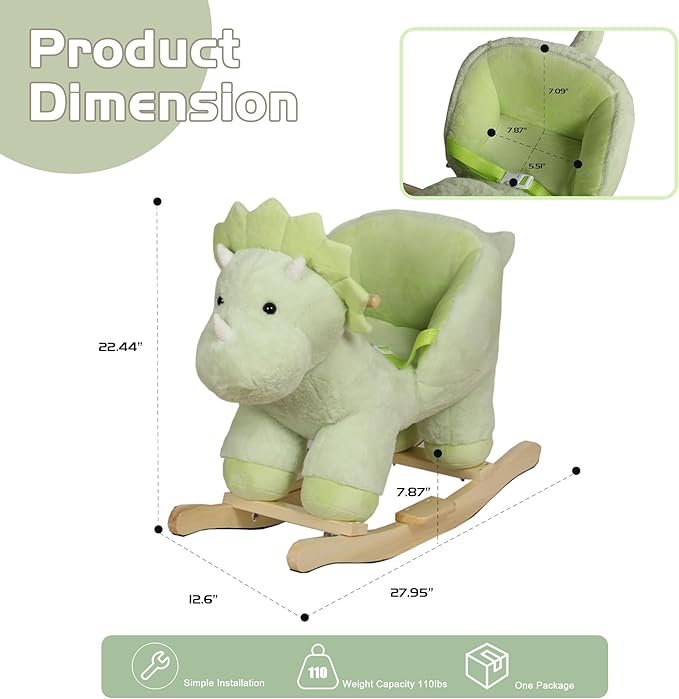 Dinosaur Baby Rocking Horse for Toddlers 1 Years to 3 Years, Stuffed Plush Ride-on Rocking Animal with Realistic Sound and Music, Wooden Rocking Horse with Seat, Green Dinosaur, CPC Certified