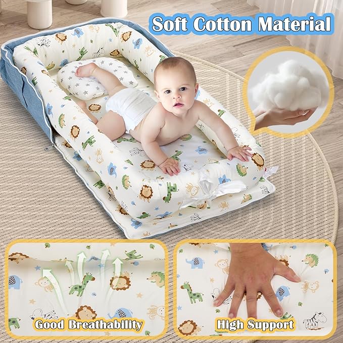 Baby Lounger for Newborn, Huggynest Portable Infant Lounger for 0-24 Months Newborn, Home Travel Dual-Purpose Baby Nest (Animal World Blue)