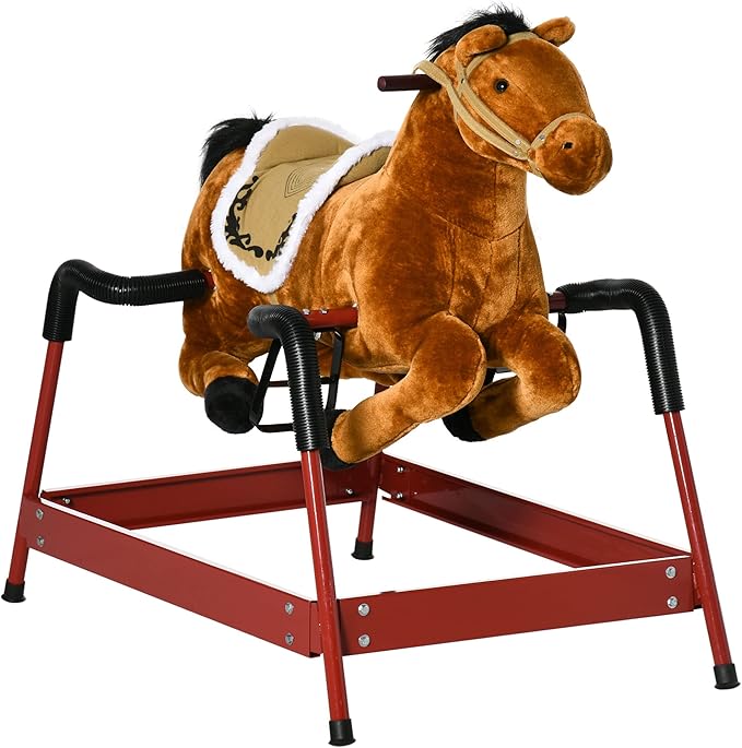 Qaba Kids Spring Rocking Horse, Ride on Horse for Girls and Boys with Animal Sounds, Plush Animal Ride-on Toy with Soft Feel, Interactive Toy for Kids, Light Brown