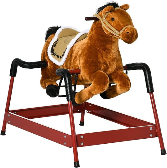 Qaba Kids Spring Rocking Horse, Ride on Horse for Girls and Boys with Animal Sounds, Plush Animal Ride-on Toy with Soft Feel, Interactive Toy for Kids, Light Brown