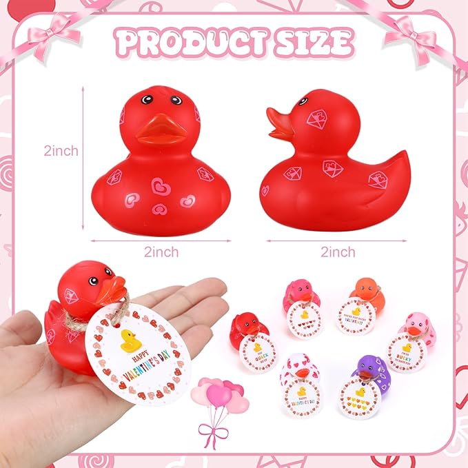 Jerify 48 Pcs 2 Inch Valentines Ducks for Kids Classroom Exchange Gifts Valentine's Day Rubber Ducks with Gifts Cards Mini Heart Rubber Duckies Valentines Party Favors Toys, 6 Styles (Novel)