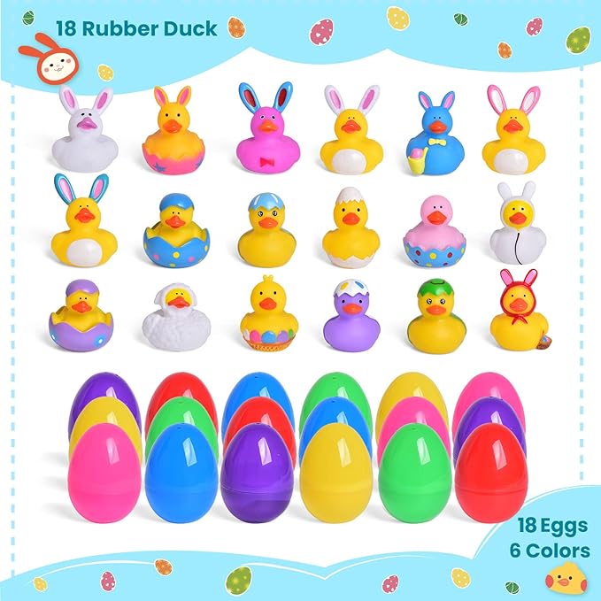 18 Pcs Prefilled Easter Eggs with Rubber Duck Toys for Kids, Bright Colorful Easter Eggs Filled with Assorted Bunny Rabbit Duckies for Fun Bath Toys, Easter Basket Stuffers and Party Favors