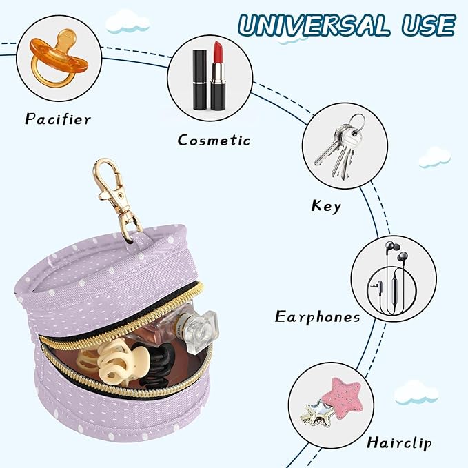 Pacifier Holder with Clip Pacifier Case for Diaper Bag Round Baby Pacifier Pouch Box Bag Portable Polka Dots Purple
