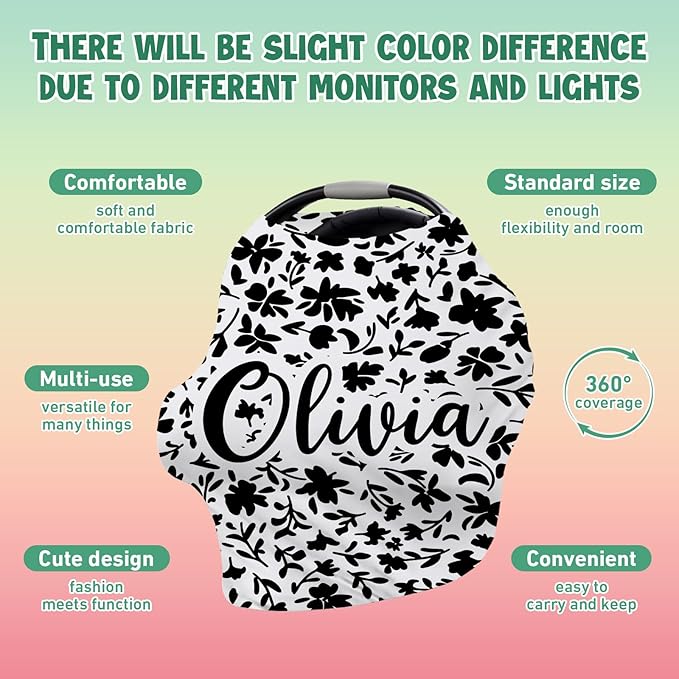 Custom Car Seat Covers for Babies - Breathable Baby Car Seat Cover for Girls Boys, Kick-Proof Newborn Carrier Canopy Stretchy Stroller Cover for 4 Seasons Black Flower Pattern