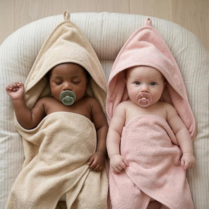 Hooded Baby Towels - 100% Organic Cotton Baby Bath Towels, 32" x 32" Super-Soft and Absorbent Baby Towels for Newborn Baby Girls 2-Pack (Blush/Fog)
