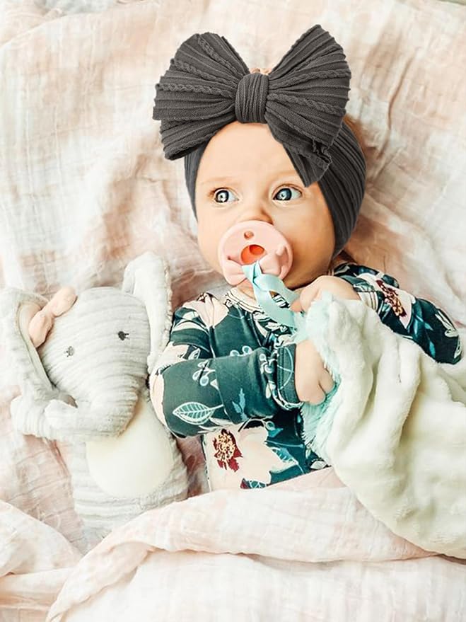 DRESHOW BQUBO Handmade Baby Headbands Soft & Stretchy Hair Bands with Bows Nylon Bows Hairbands for Girls Newborn Infant Toddlers Hair Accessories 3 pack
