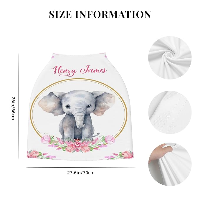 Personalized Car Seat Covers with Name, Elephant Baby Canopy Carrier Cover, Breathable Breastfeeding Nursing Cover, Stretchy Multi-Use Infant Carseat Stroller Cover