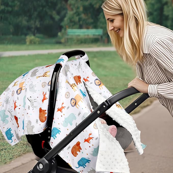 ManFaiSky Car Seat Cover Baby, Soft Carseat Covers Baby Girl, Multi-Use Nursing Cover & Infant Carseat Canopy, Animals