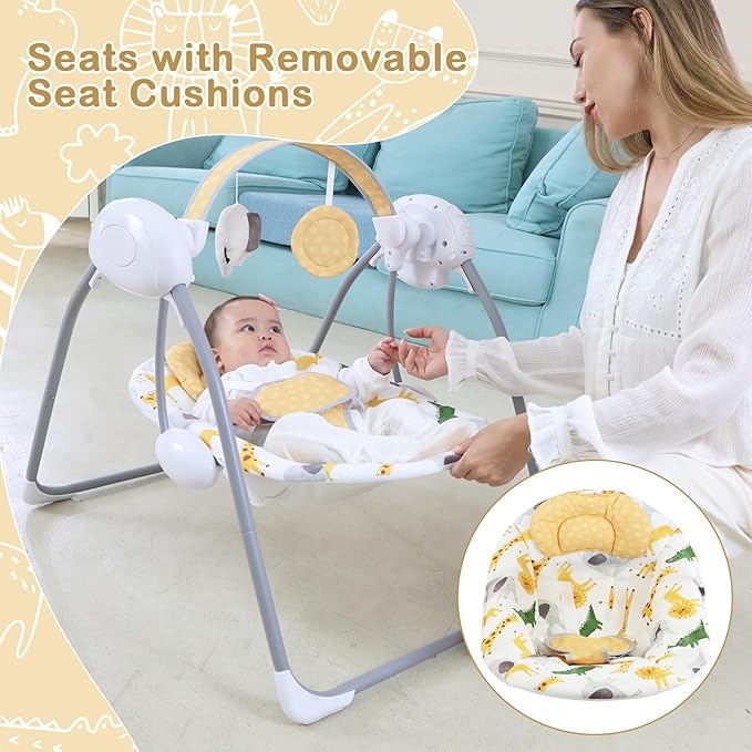 Baby Swing for Infant,Newborn Swing with Music,5 Speed Levels,Timing Setting,Soft Cushion,Foldable Infant Swing with Hanging Elephant Toy & Mirror for Indoor Outdoor Use 0-9 Months