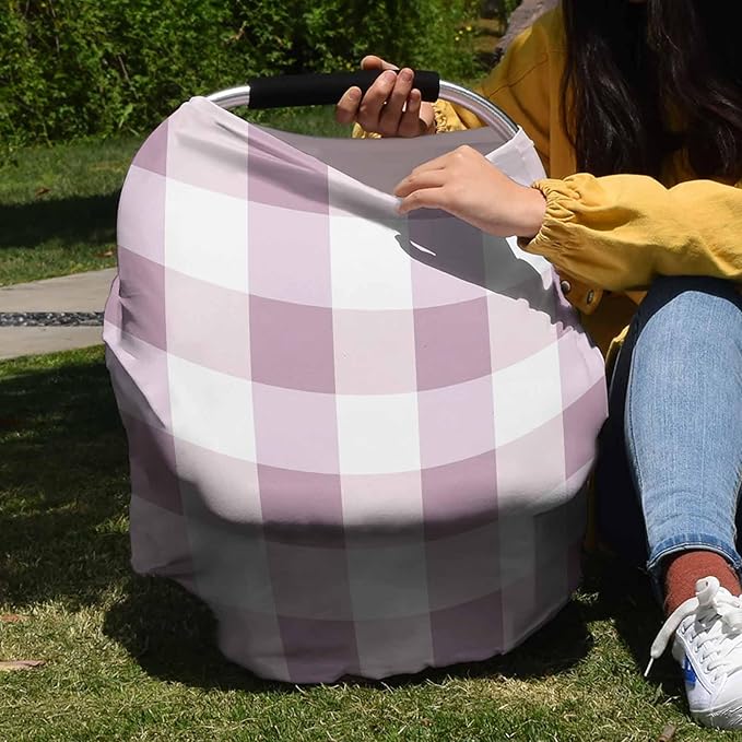 Pink White Plaid Car Seat Covers for Babies, Modern Geometric Checkered Lattice Nursing Breastfeeding Covers Stretchy Breathable Baby Carseat Canopy Cover for Girls and Boys Shower Gifts