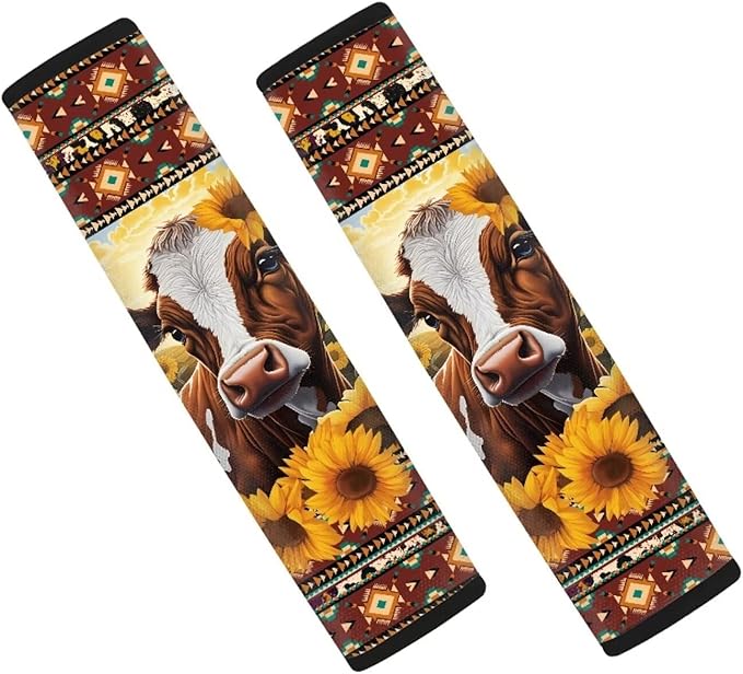 AFPANQZ 2PCS Cute Safety Seat Belt Cushion Cow with Sunflower Automotive Seat Belt Pillow Car Seats Accessories Driver Shoulder Protectors Universal Backpack Laptop Bags Straps Pads