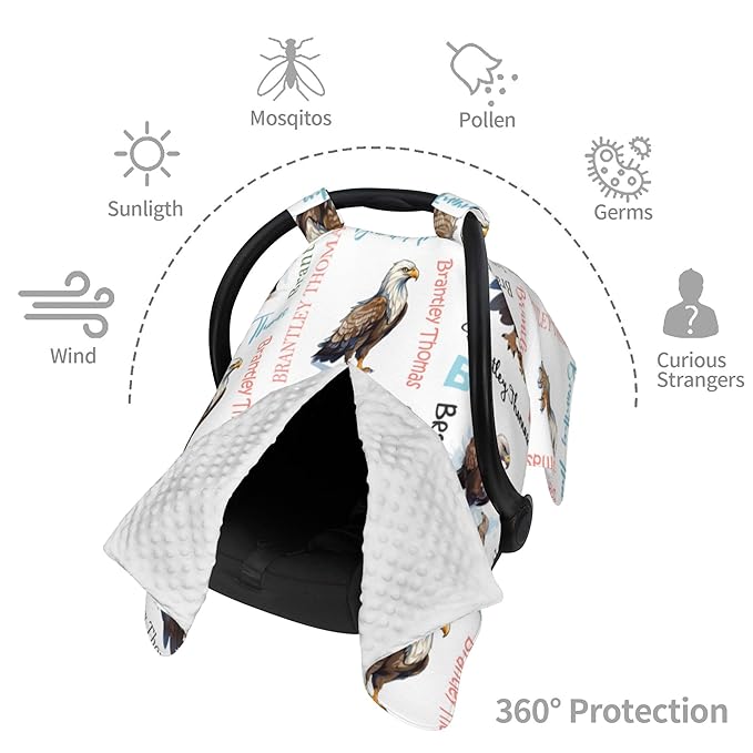 Custom Baby Car Seat Canopy Personalized Car Seat Covers with Name for Baby Boys Girls Customized Eagle Nursing Breastfeeding Cover Infant Carseat Canopies Newborn Minky Baby Blanket
