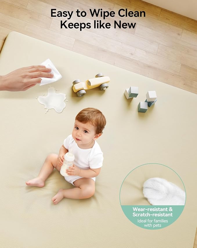 COMOMY Vegan Leather Baby Play Mats for Floor, 50 x 50 Play Mat for Playpen, Thickened High-Density Foam Playmats for Babies and Toddlers - Extra Soft and Resilient, Easy to Wipe Clean, Ivory