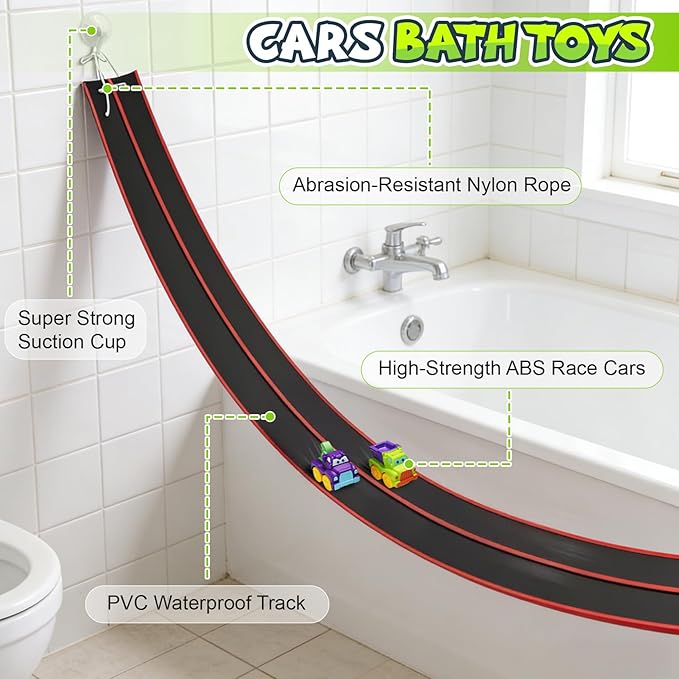 Race Car Bath Toy Set, Toddler Car Bath Toys, Flexible PVC DoubleTrack, Industrial-Strength Suction Cups, 8 Piece Set, CPC Certification, Kid's Bathtub Gift for Ages 3+