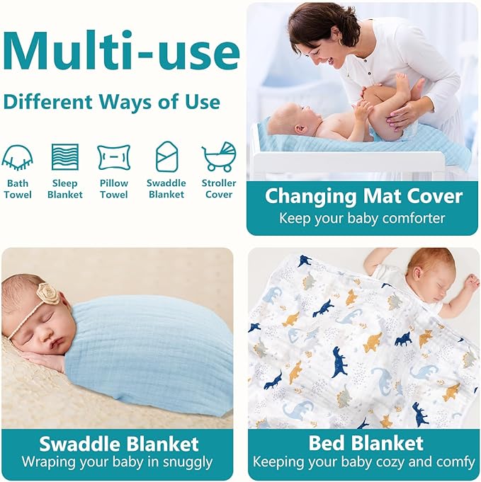 PHF 2 Pack Baby Hooded Towels, 100% Muslin Cotton Baby Bath Towel with Hood for Newborn, Infant, Toddler, Ultra Soft and Absorbent Baby Essentials Bath Towels for Boys, 32x32Inch, Dinosaur